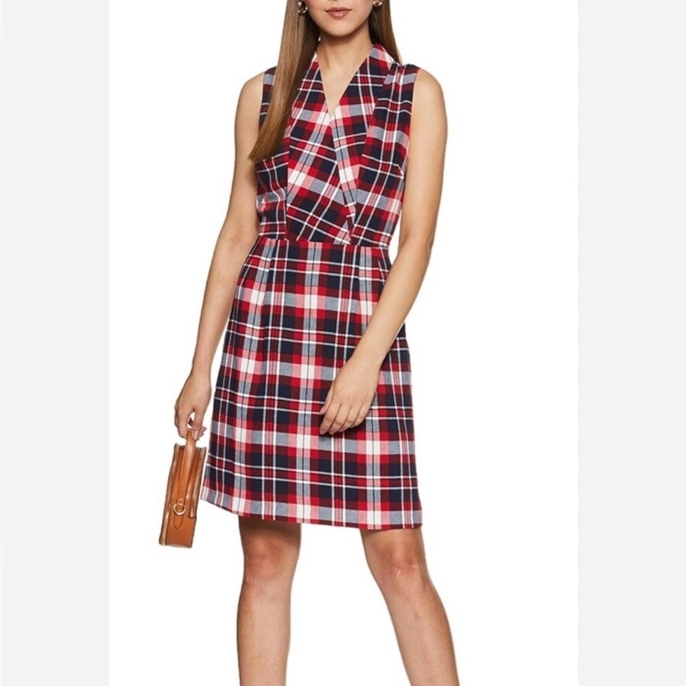 Tommy Hilfiger Cathryn Plaid Sleeveless Faux Wrap Dress Red White Blue [4]